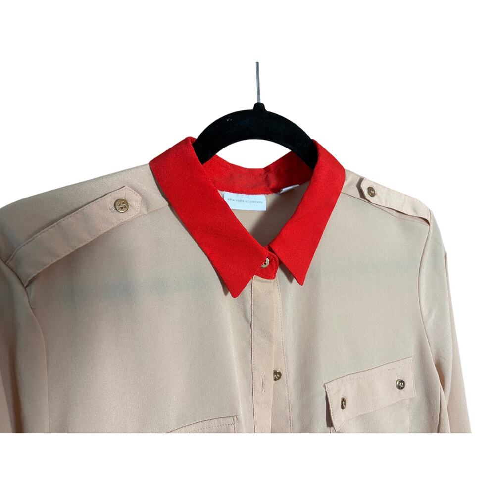 New York and Company Colorblock Blouse Red Collar Cuff Button Down Shirt Women L - Picture 2 of 5
